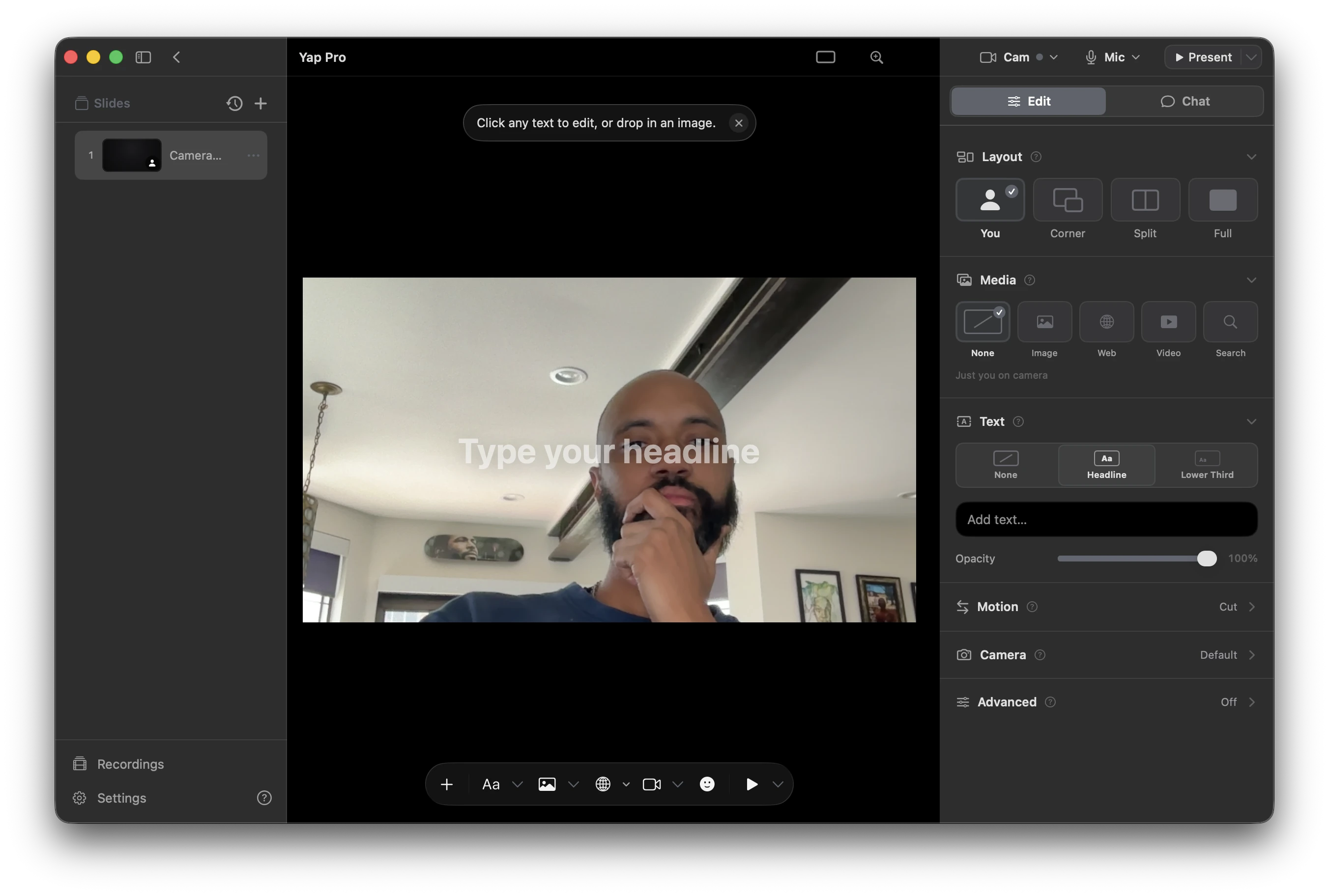 Yap's Edit view with a live camera presentation and layout, media, and text controls
